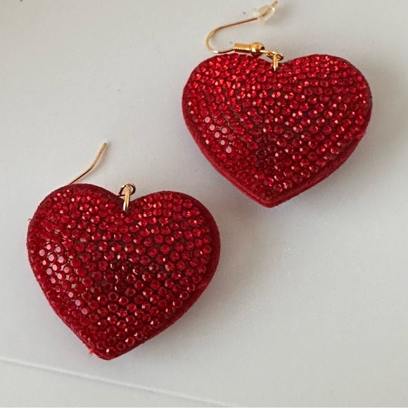 Red Rhinestone Heart Pillow Earrings | Gold Tone Statement Drop Earrings - Picture 3 of 13